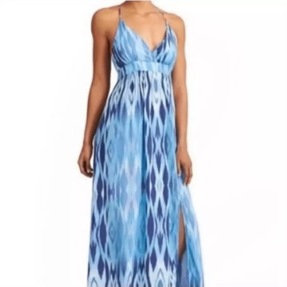 Athleta Ikat Tie Dye Empire Waist Blue Maxi Dress Size XL
